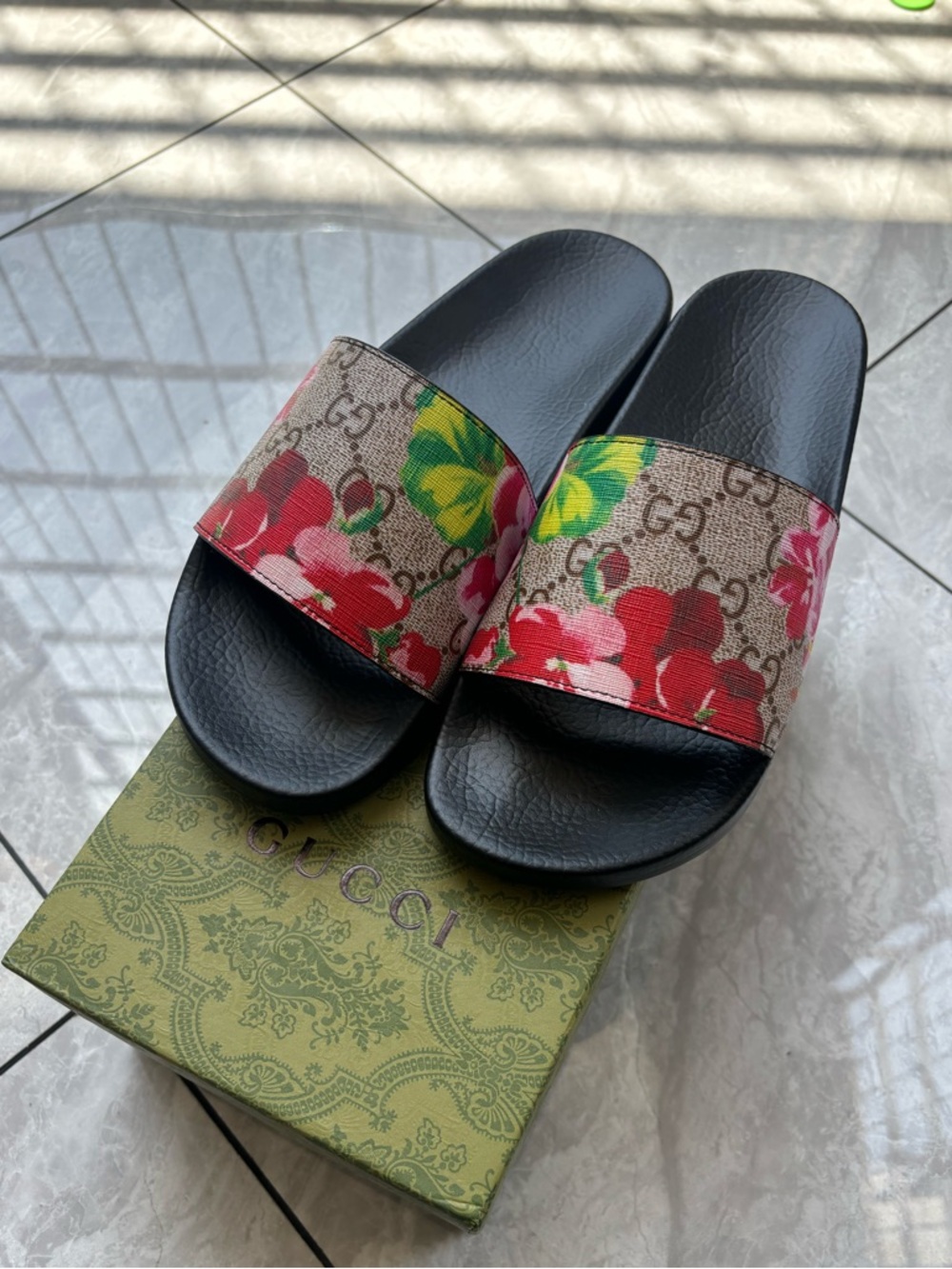 Gucci Floral GG Canvas Slide Sandals - Black, Pink, Red, Green